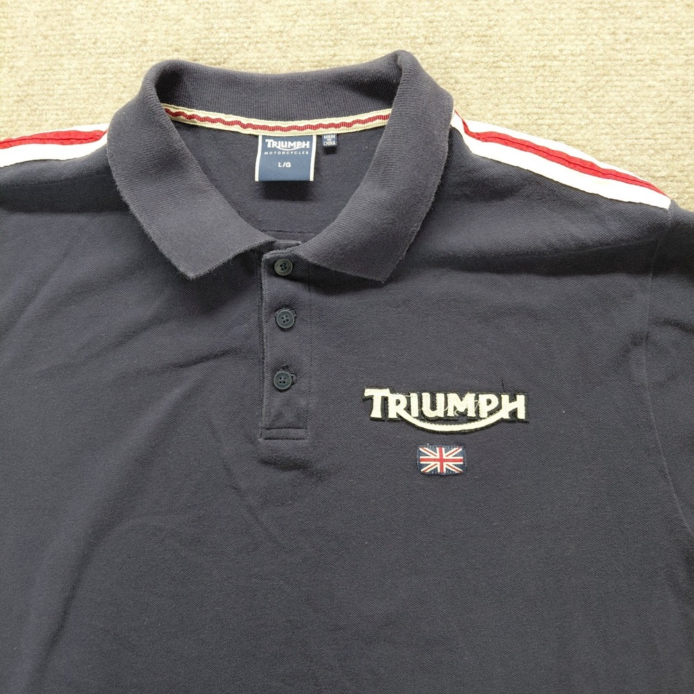 Triumph Motorcycle Short Sleeve Blue Polo Flag Logo Spellout Mens LARGE y2k
